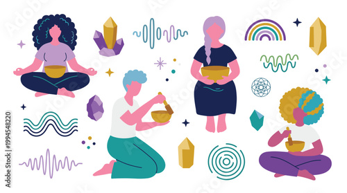 Diverse women meditating and using singing bowls for wellness and spiritual practice with crystals and sound waves