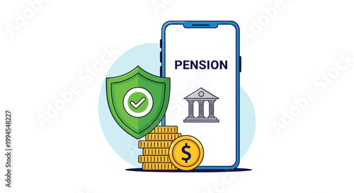 Vector illustration of a mobile smartphone screen featuring secure pension savings and financial investment growth