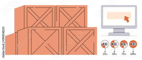 E-commerce, logistics, inventory tracking, supply chain, order fulfillment, data management. Wooden crates stacked beside a computer display with volume controls. E-commerce and logistics