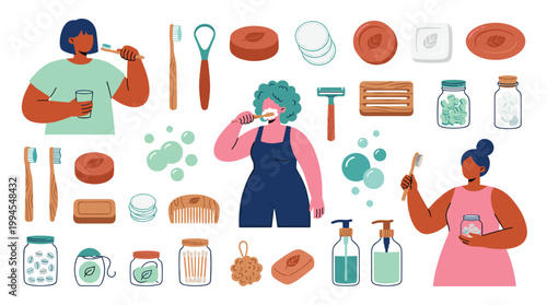 Diverse people practice sustainable personal hygiene with eco friendly bathroom products and zero waste routines
