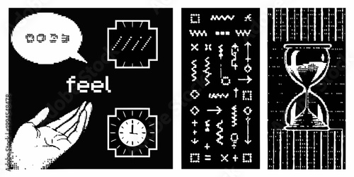 A digital collage featuring time hands and the word feel