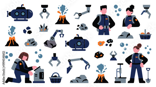 Underwater exploration team researches volcanic activity with submarines and robotic arms