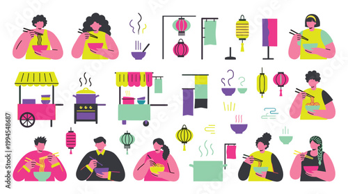 Vibrant Asian Street Food Scene with People Enjoying Noodles and Lanterns