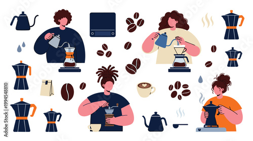 Diverse people making coffee using pour over and moka pot methods with beans and equipment in a flat illustration style