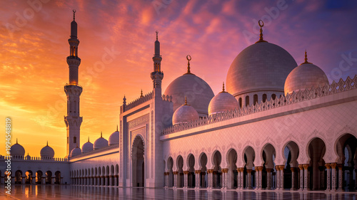 Sheikh zayed grand mosque in abu dhabi at sunset