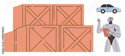 Logistics, automation, artificial intelligence, warehouse management, inventory tracking, futuristic systems. Robot inspecting stacked crates with clipboard near a car icon. Logistics and automation