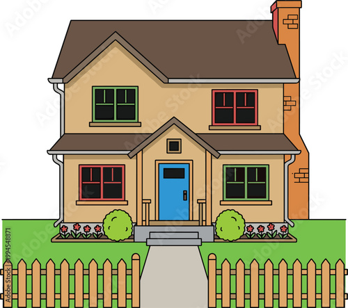 Suburban family house illustration featuring cozy residential home with garden fence, front yard landscaping and colorful exterior design