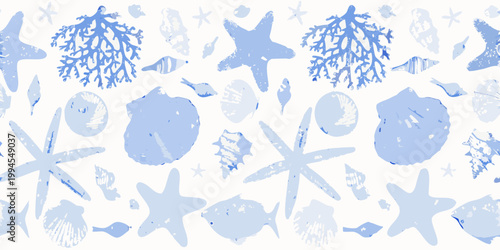 A delicate repeating pattern of blue marine life and shells