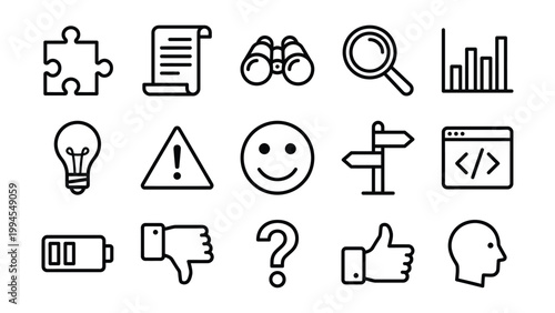 Business and strategy icons set with puzzle document search light bulb smiley face thumbs down question mark thumbs up business strategy document binoculars direction thumbs up analysis