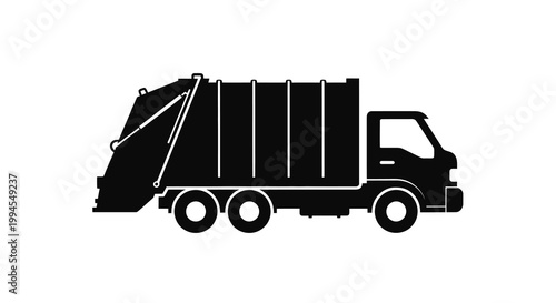 Simple black silhouette of a garbage truck with a raised compactor