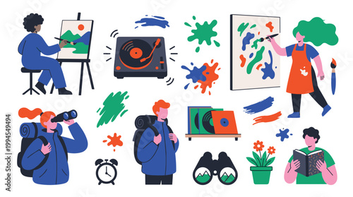 Diverse people enjoying creative hobbies and outdoor adventures with art supplies and music