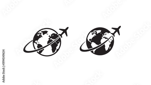 Minimalist black icons depicting a global passenger airplane orbiting the spherical earth to symbolize international travel logistics connectivity tourism aviation routes and commercial flight service