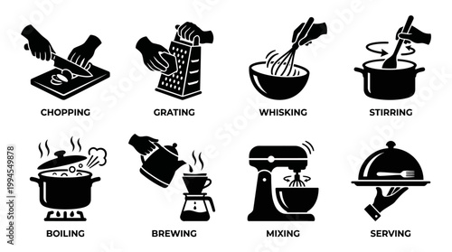 Cooking icons set featuring chopping grating whisking stirring steaming pot coffee maker stand mixer tray serving kitchen activities