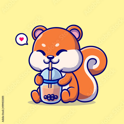 Cute Squirrel Drinking Boba Milk Tea Cartoon