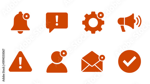 Collection of alert icons including bell, message, gear, speaker, warning, user, envelope, and checkmark