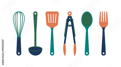 Set of colorful kitchen utensils for cooking and baking.