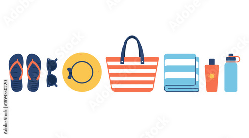 Set of beach accessories for summer vacation.