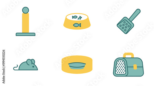 Set of colorful flat vector icons for cat supplies and pet accessories.
