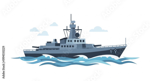 Modern Warship Sailing on Wavy Ocean Waters.