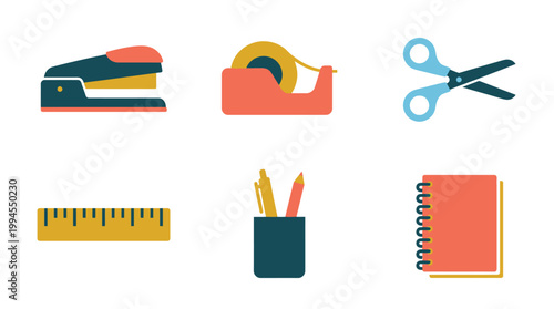 Set of Flat Vector Icons Representing Essential School and Office Stationery Supplies.