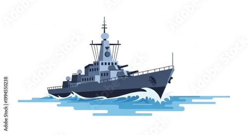 Modern Warship Sailing Through Blue Ocean Waves.