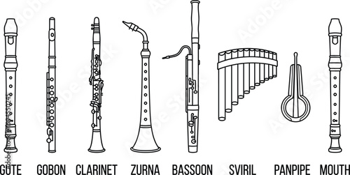 Woodwind musical instruments line icon set featuring flute, clarinet, bassoon, panpipe and traditional wind instrument collection