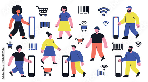 Modern shopping experience with people using self checkout and scanning items with smartphones at store entrance