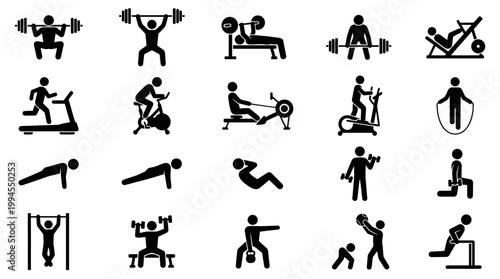 Fitness icons set featuring weightlifting, treadmill, cycling, rowing, push‑ups, sit‑ups, dumbbells, gym workout, cardio, strength training activities