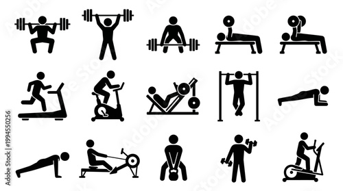 Fitness icons set featuring weightlifting, treadmill, cycling, rowing, push‑ups, sit‑ups, dumbbells, gym workout, cardio, strength training activities