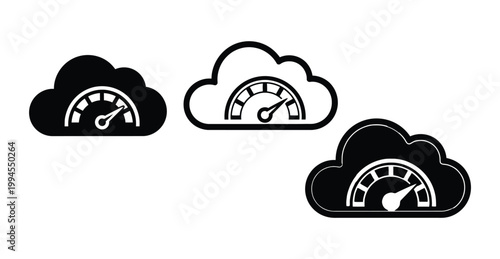 Three cloud icons with speedometers inside black and white gauge