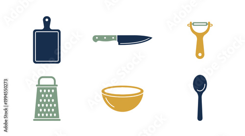 Set of kitchen utensil icons for cooking and food preparation.