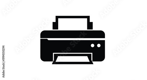 Simple black silhouette of a standard office printer on a white background