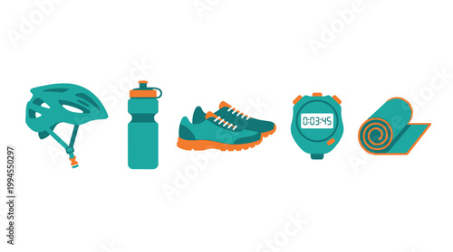 Set of sports equipment including a cycling helmet water bottle running shoes stopwatch and yoga mat.