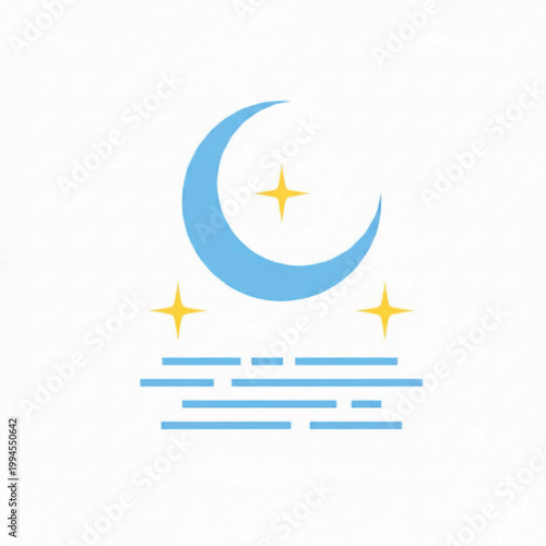 Moon and stars icon with blue crescent and golden sparkle over a simple glowing horizontal base featuring night sky, glow, celestial with astronomy