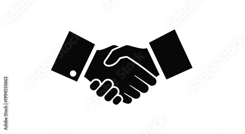 A simple black silhouette depicting two hands in a firm handshake