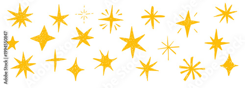 Doodle hand drawn stars crayon sparkles set. Scribble texture freehand childlike chalk or pencil drawing sketch. Celestial elements with rough edge 