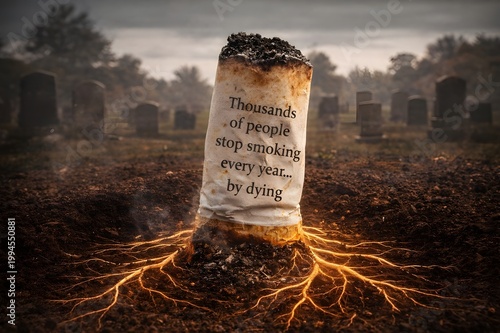 Burnt cigarette as gravestone with warning text, anti-smoking concept, mortality and health risk awareness