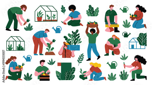 Diverse people gardening together in a community garden planting vegetables and flowers with greenhouses and watering cans