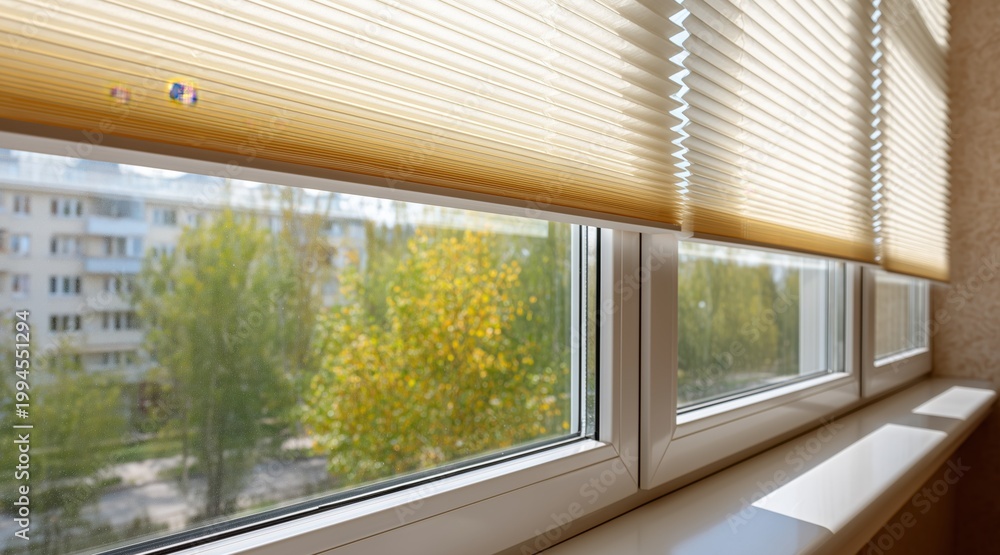 Fototapeta premium Pleated blinds on white window frame with blurred background