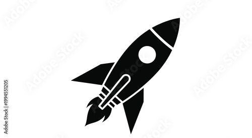 Simple black and white illustration of a rocket launching upwards