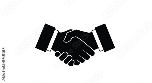 Simple black and white illustration of two hands shaking in agreement