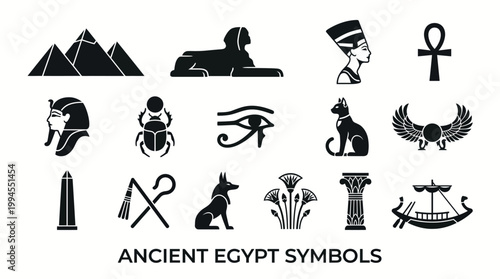 Ancient Egyptian Silhouette Icons Collection of Pyramids, Nefertiti, Ankh, Scarab, Eye of Horus, Sphinx, Pharaoh, Obelisk, Bastet
