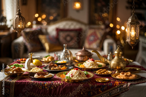 Traditional ramadan iftar dinner table with festive decorations