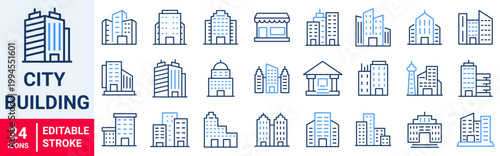 Set of 30 outline blue icons related to City Building. Linear icon collection. Editable stroke. Vector illustration