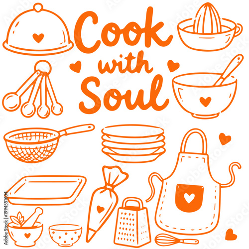 Cooking doodle illustration with cook with soul phrase apron tools and kitchen equipment
