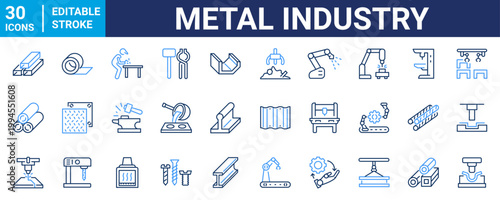 Set of 30 outline blue icons related to Metal industry. Linear icon collection. Editable stroke. Vector illustration