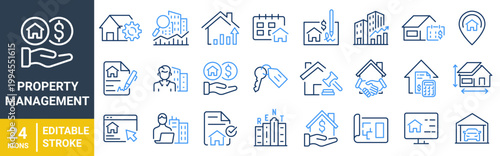 Set of 24 outline blue icons related to Property management. Linear icon collection. Editable stroke. Vector illustration