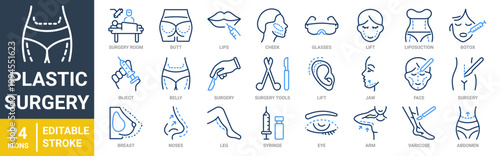 Set of 24 outline blue icons related to plastic surgery. Linear icon collection. Editable stroke. Vector illustration