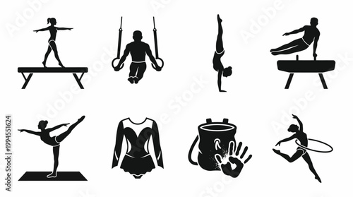 Gymnastics Silhouette Icons Collection of Beam, Rings, Handstand, Pommel Horse, Ribbon, Leotard, Chalk Bag for Sports Design