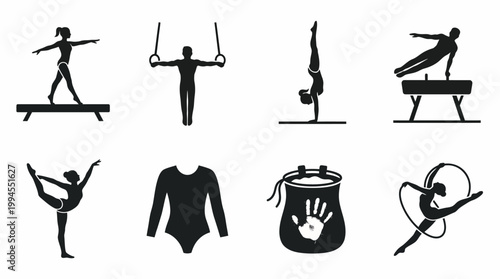 Gymnastics Silhouette Icons Collection of Beam, Rings, Handstand, Pommel Horse, Ribbon, Leotard, Chalk Bag for Sports Design